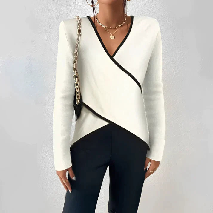 Martha | Women's V-Neck Long Sleeve Top Color Block Wrap Blouse – Wrap Style, V-Neck