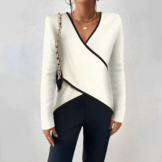 Martha | Women's V-Neck Long Sleeve Top Color Block Wrap Blouse – Wrap Style, V-Neck
