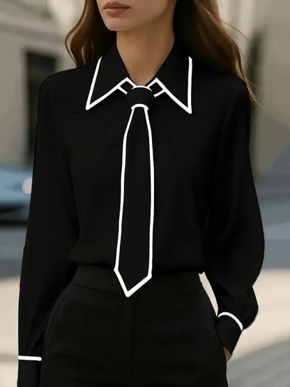 Jessica | Women's Long Sleeve Tie Neck Blouse Contrast Collar – Long Sleeve, Casual