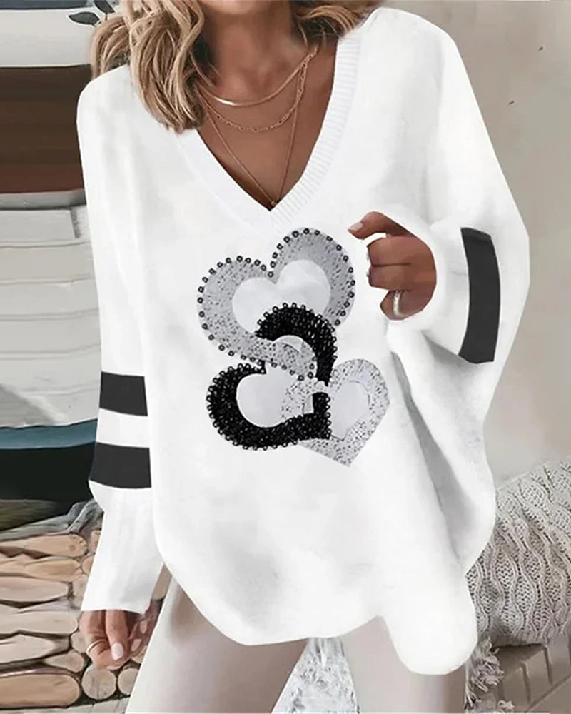 Deborah | Women's Oversized V-Neck Sweater Sequin Heart Print Top – V-Neck, Cozy