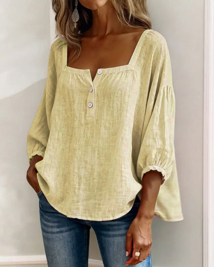 Angelina | Women's Square Neck Blouse 3/4 Puff Sleeve Button Top – Casual