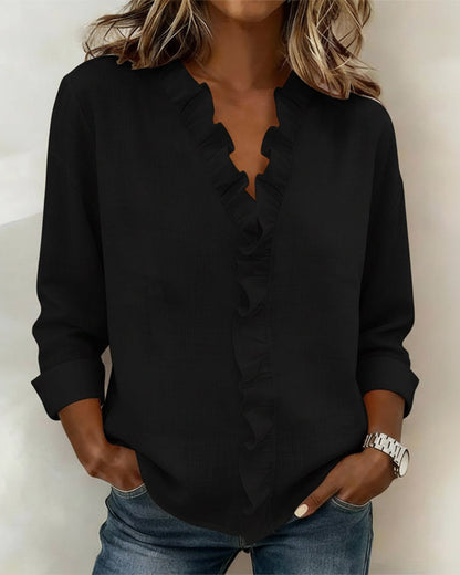 Robin | Women's Ruffle V-Neck Long Sleeve Blouse Spring Top – V-Neck, Long Sleeve