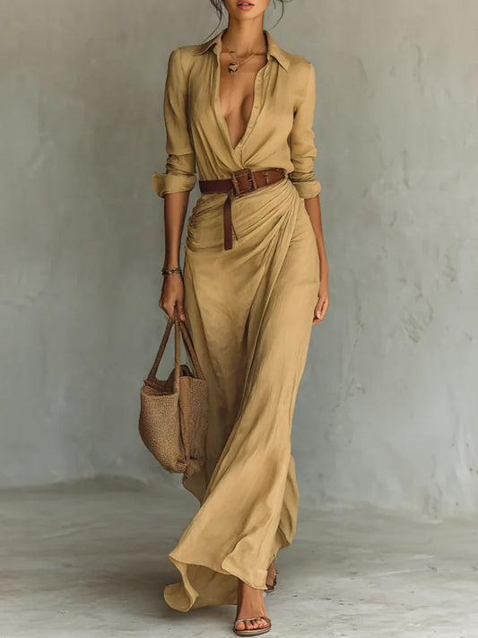Martha | Women's Lapel Long Sleeve Belted Maxi Dress – Maxi, Long Sleeve
