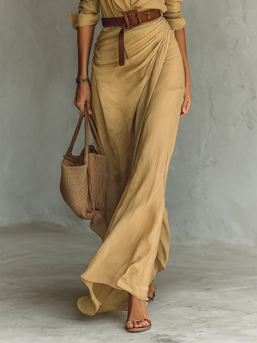 Martha | Women's Lapel Long Sleeve Belted Maxi Dress – Maxi, Long Sleeve