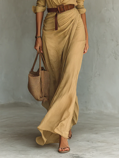 Martha | Women's Lapel Long Sleeve Belted Maxi Dress – Maxi, Long Sleeve