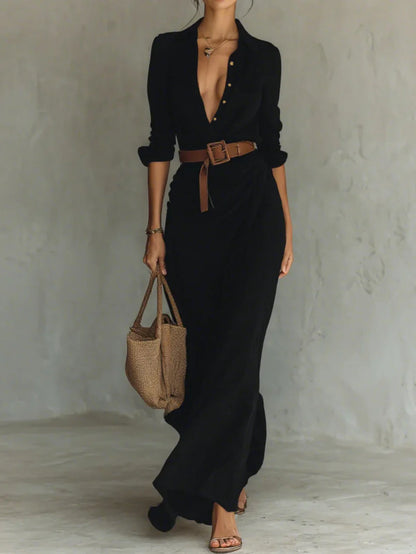 Martha | Women's Lapel Long Sleeve Belted Maxi Dress – Maxi, Long Sleeve