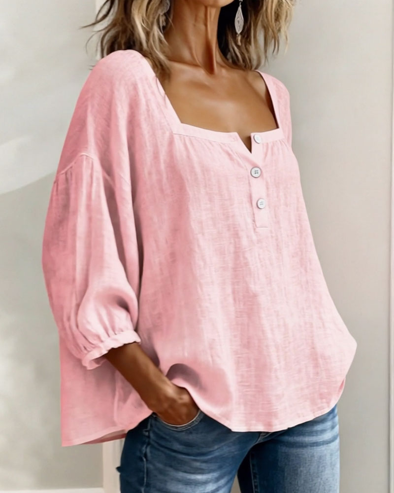 Angelina | Women's Square Neck Blouse 3/4 Puff Sleeve Button Top – Casual