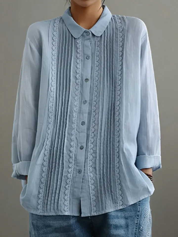 Barrel | Women's Lace Trim Button-Up Long Sleeve Blouse – Lace Detail