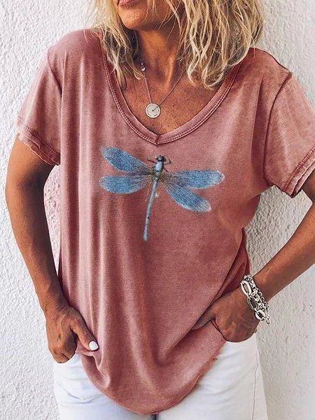 Colette | Women's Dragonfly Print V-Neck Short Sleeve Casual Tee – V-Neck, Short Sleeve
