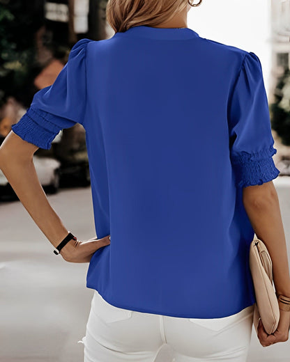 Adrienne | Women's V-Neck Puff Sleeve Blouse Short Sleeve Top – V-Neck, Short Sleeve