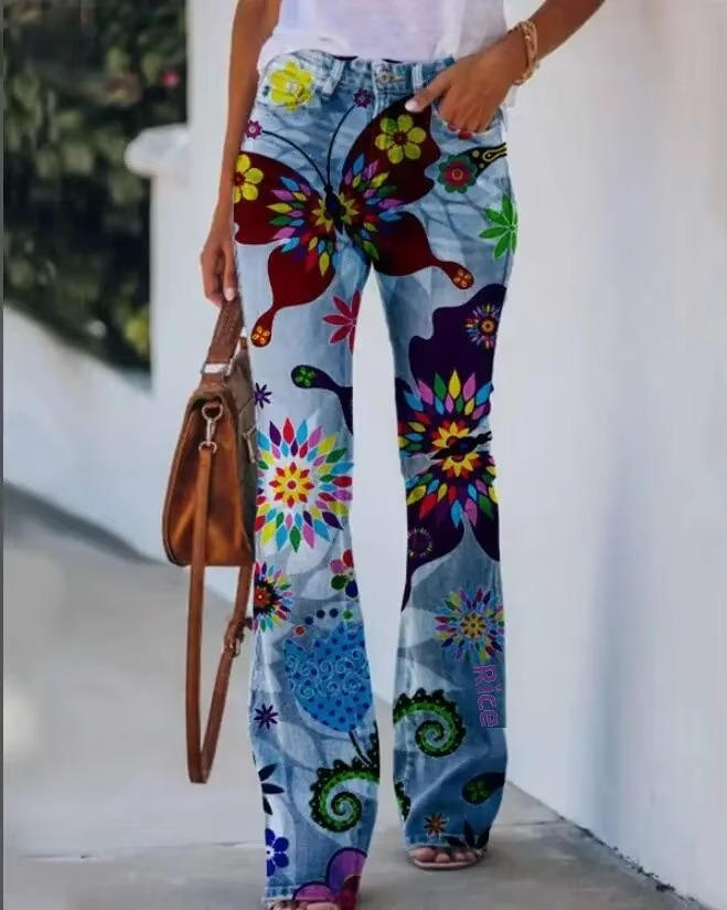 Elli | Women's Floral Print High Waist Flare Jeans – Floral Print