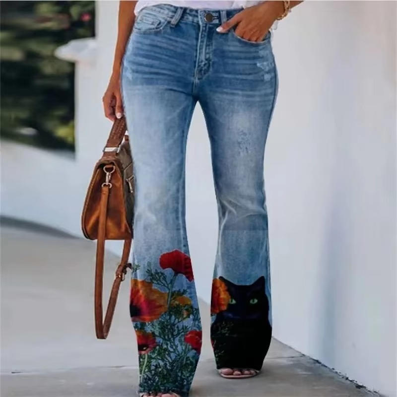 Elli | Women's Floral Print High Waist Flare Jeans – Floral Print