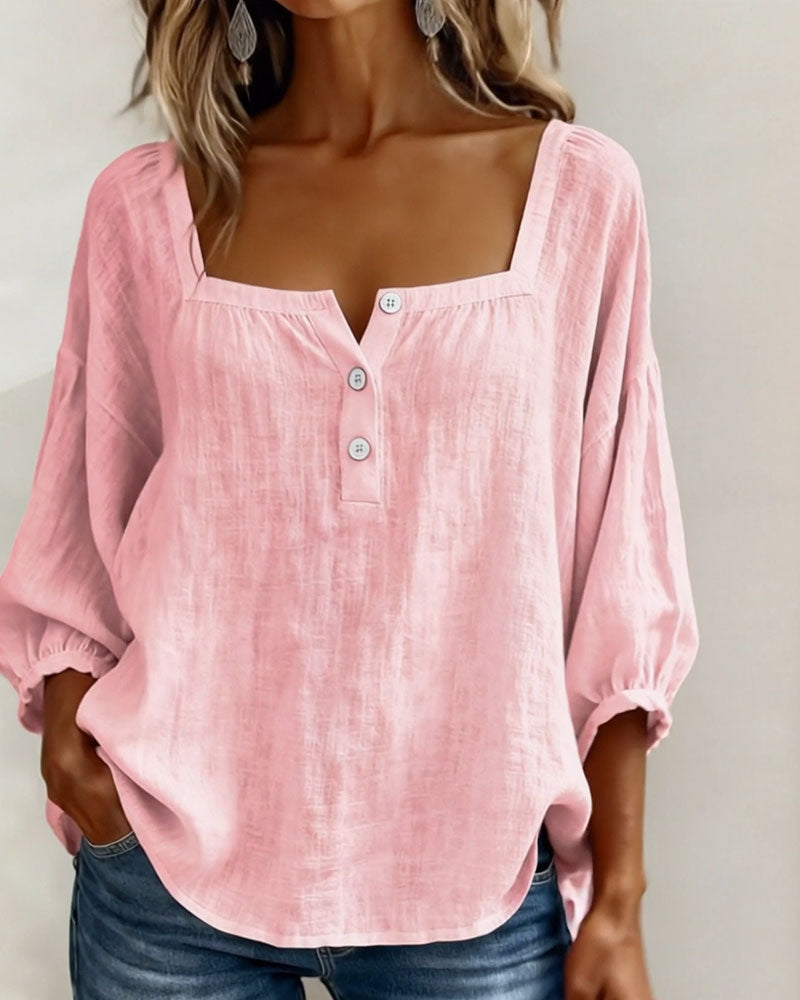 Angelina | Women's Square Neck Blouse 3/4 Puff Sleeve Button Top – Casual