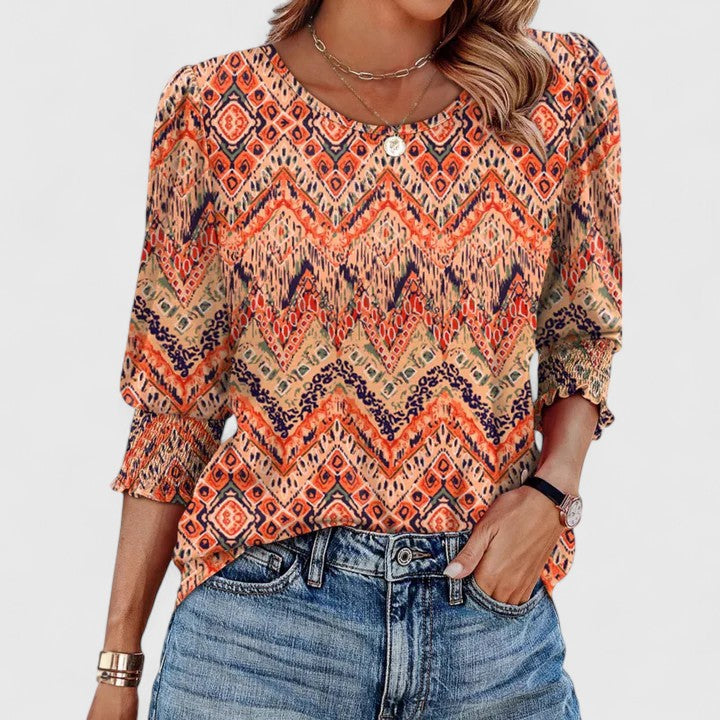 Lotus | Women's Smocked Cuff 3/4 Sleeve Crew Neck Top – Smocked