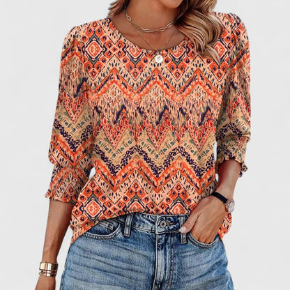 Lotus | Women's Smocked Cuff 3/4 Sleeve Crew Neck Top – Smocked