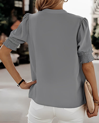 Adrienne | Women's V-Neck Puff Sleeve Blouse Short Sleeve Top – V-Neck, Short Sleeve