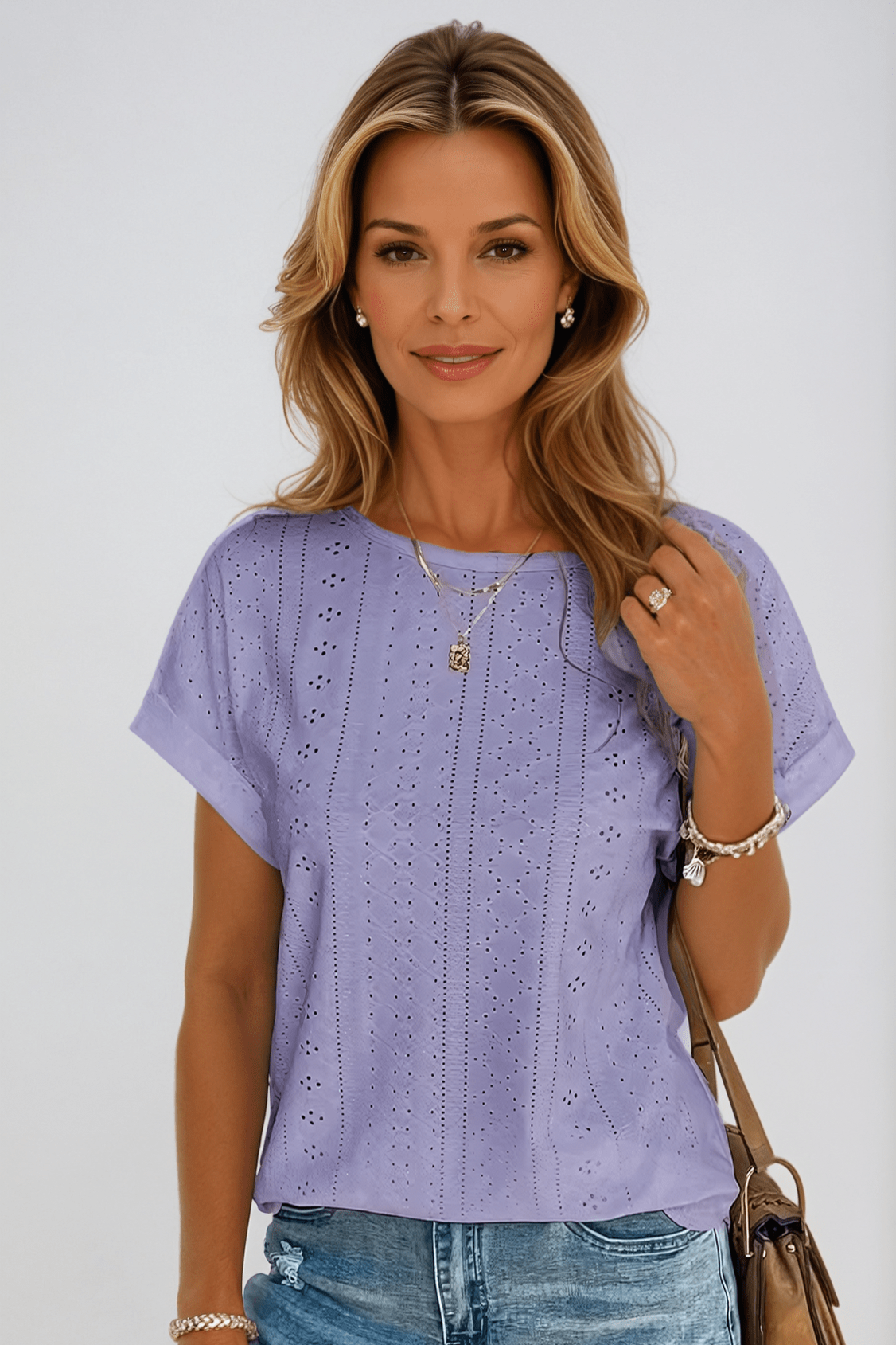 Harper | Women's Eyelet Embroidered Crew Neck Short Sleeve Top – Short Sleeve