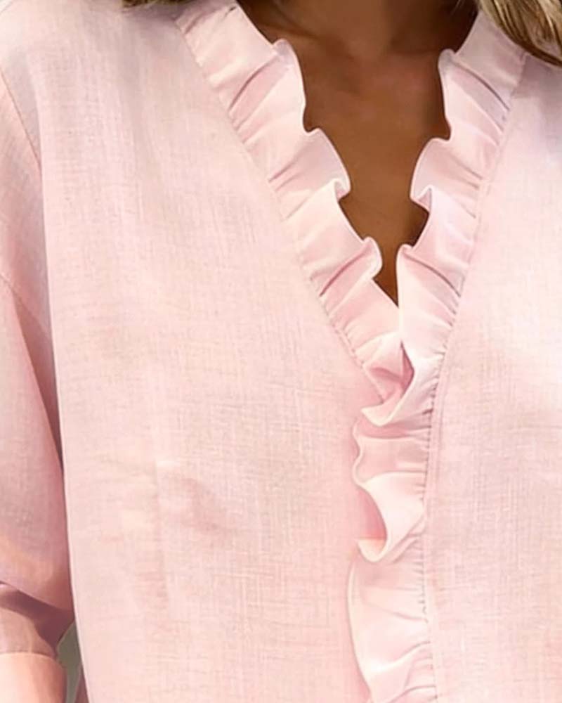 Robin | Women's Ruffle V-Neck Long Sleeve Blouse Spring Top – V-Neck, Long Sleeve