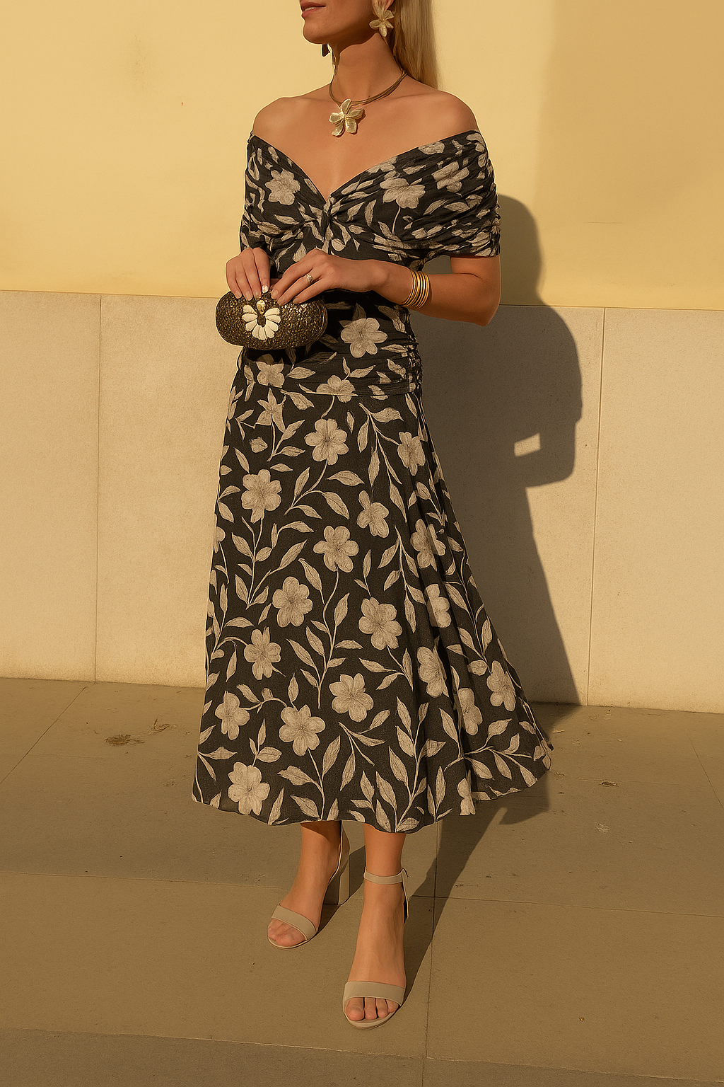 Alessandra | Women's Off-Shoulder Midi Dress with Floral Print