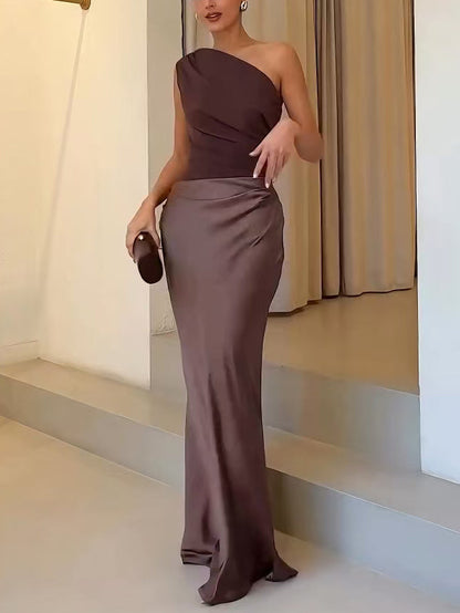 Denise | Women's Elegant One Shoulder Neck Pleated Party Maxi Dress – Maxi, Pleated
