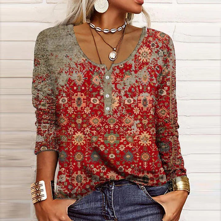 Bianca | Women's Boho Print Long Sleeve Top V-Neck Henley Blouse