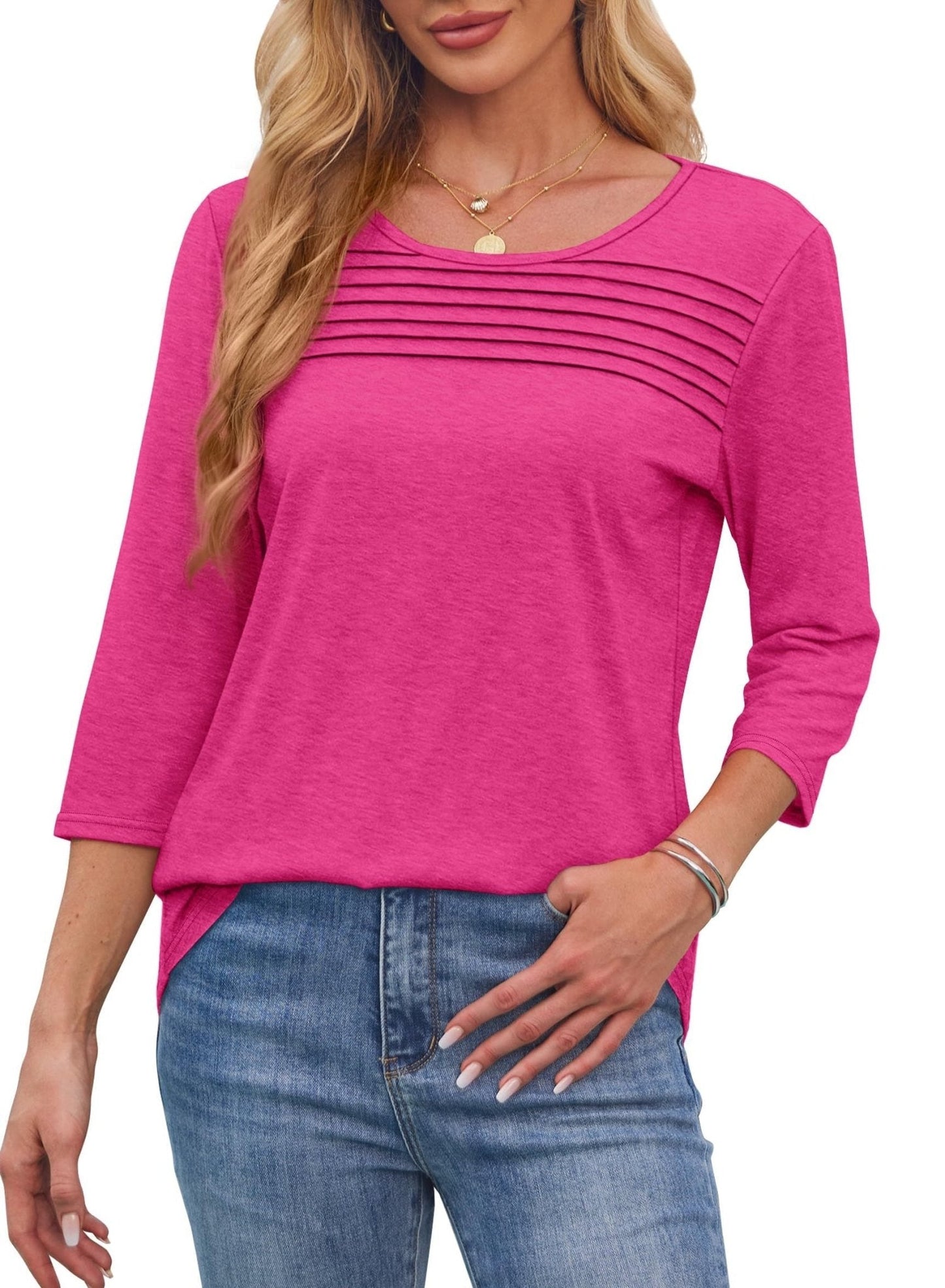 TropicLush | Women's Crew Neck 3/4 Sleeve Pleated Chest Top – Pleated