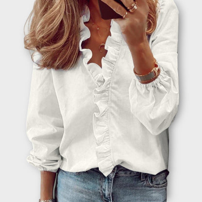Helen | Women's Ruffle Front V-Neck Long Sleeve Blouse – V-Neck, Long Sleeve