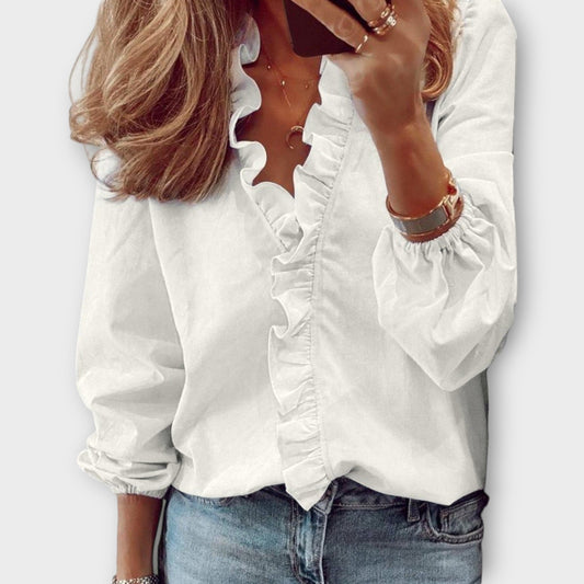 Helen | Women's Ruffle Front V-Neck Long Sleeve Blouse – V-Neck, Long Sleeve