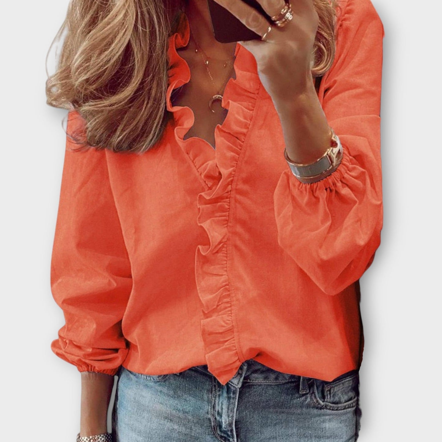 Helen | Women's Ruffle Front V-Neck Long Sleeve Blouse – V-Neck, Long Sleeve