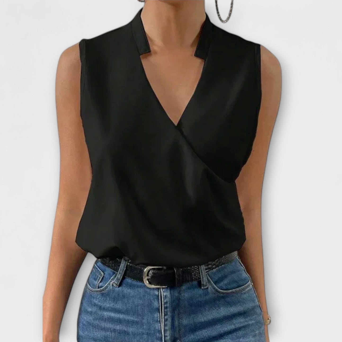 Eileen | Women's Sleeveless Wrap V-Neck Top Collared Blouse – Wrap Style, V-Neck