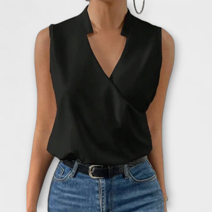 Eileen | Women's Sleeveless Wrap V-Neck Top Collared Blouse – Wrap Style, V-Neck