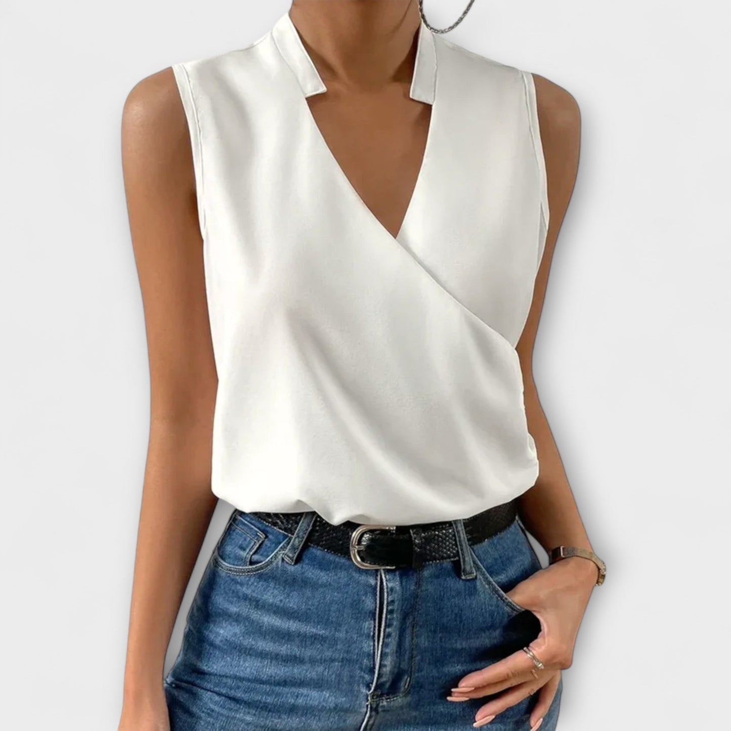 Eileen | Women's Sleeveless Wrap V-Neck Top Collared Blouse – Wrap Style, V-Neck