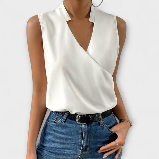 Eileen | Women's Sleeveless Wrap V-Neck Top Collared Blouse – Wrap Style, V-Neck