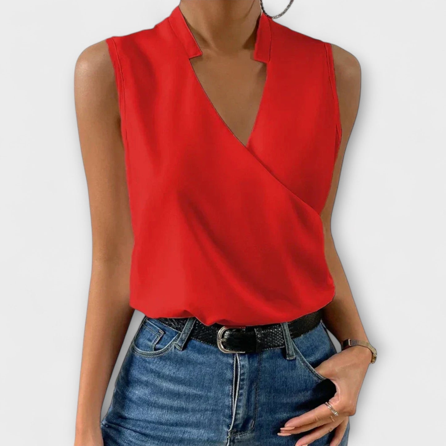 Eileen | Women's Sleeveless Wrap V-Neck Top Collared Blouse – Wrap Style, V-Neck