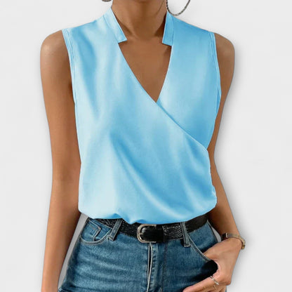 Eileen | Women's Sleeveless Wrap V-Neck Top Collared Blouse – Wrap Style, V-Neck