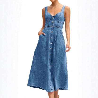Deanna | Women's Classic Sleeveless Button-Front Denim Dress – Sleeveless, Denim
