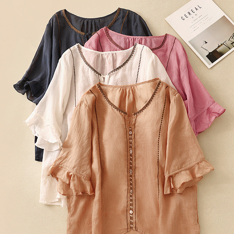 Ivy | Women's Pattern Ruffle Sleeve Blouse – Ruffle Detail, Casual