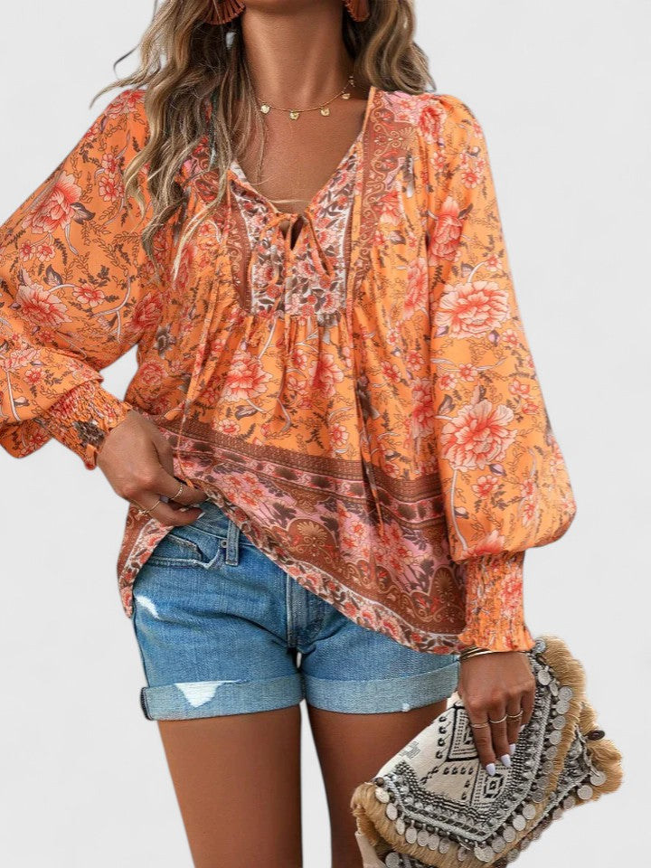 Ava | Women's Floral Boho Blouse V-Neck Puff Sleeve Top – Floral Print