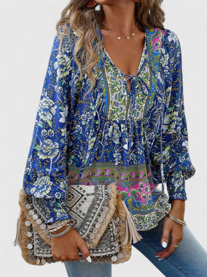 Ava | Women's Floral Boho Blouse V-Neck Puff Sleeve Top – Floral Print