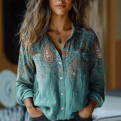 Terri-Lynn | Women's Vintage Floral Print Long Sleeve Button-Down Shirt – Floral Print, Long Sleeve