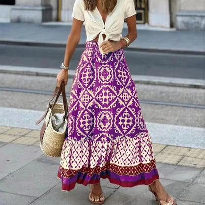 Geraldine | Women's Boho Maxi Skirt High Waist Floral Print Ruffle