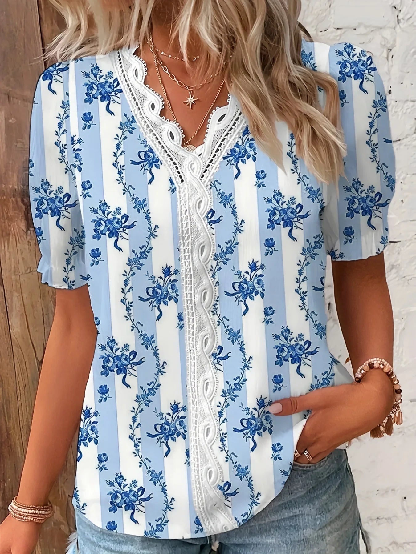Vivienne | Women's Floral Lace V-Neck Blouse – Floral Print, Lace Detail