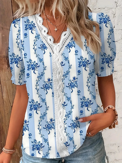 Vivienne | Women's Floral Lace V-Neck Blouse – Floral Print, Lace Detail