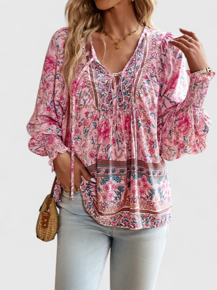 Ava | Women's Floral Boho Blouse V-Neck Puff Sleeve Top – Floral Print