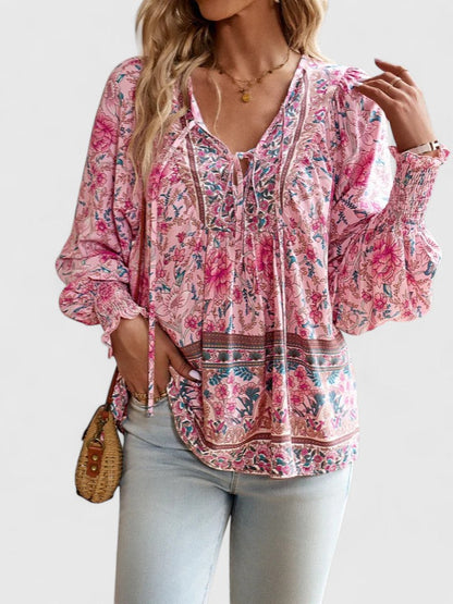 Ava | Women's Floral Boho Blouse V-Neck Puff Sleeve Top – Floral Print