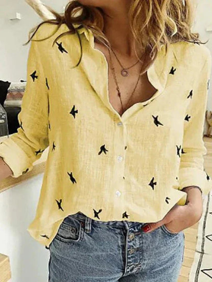 Bethany | Women's Button-Down Shirt Long Sleeve Bird Print Blouse – Casual
