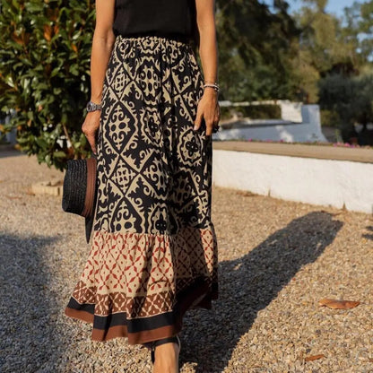 Geraldine | Women's Boho Maxi Skirt High Waist Floral Print Ruffle
