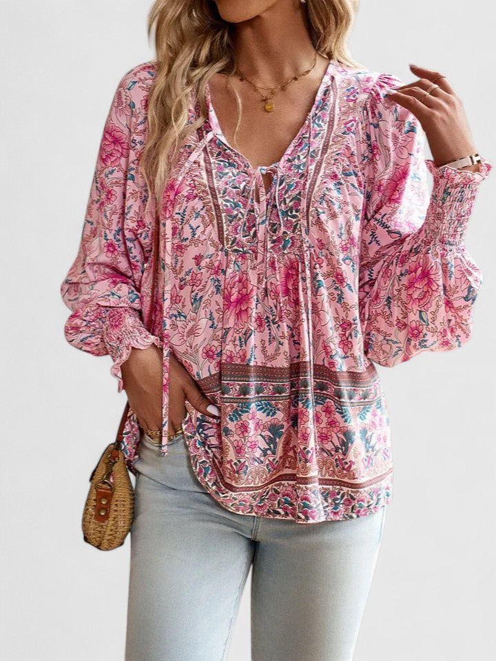 Ava | Women's Floral Boho Blouse V-Neck Puff Sleeve Top – Floral Print