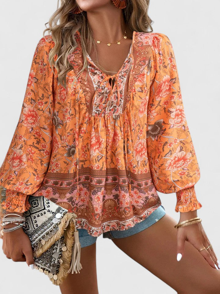 Ava | Women's Floral Boho Blouse V-Neck Puff Sleeve Top – Floral Print