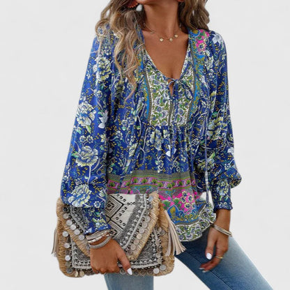 Ava | Women's Floral Boho Blouse V-Neck Puff Sleeve Top – Floral Print